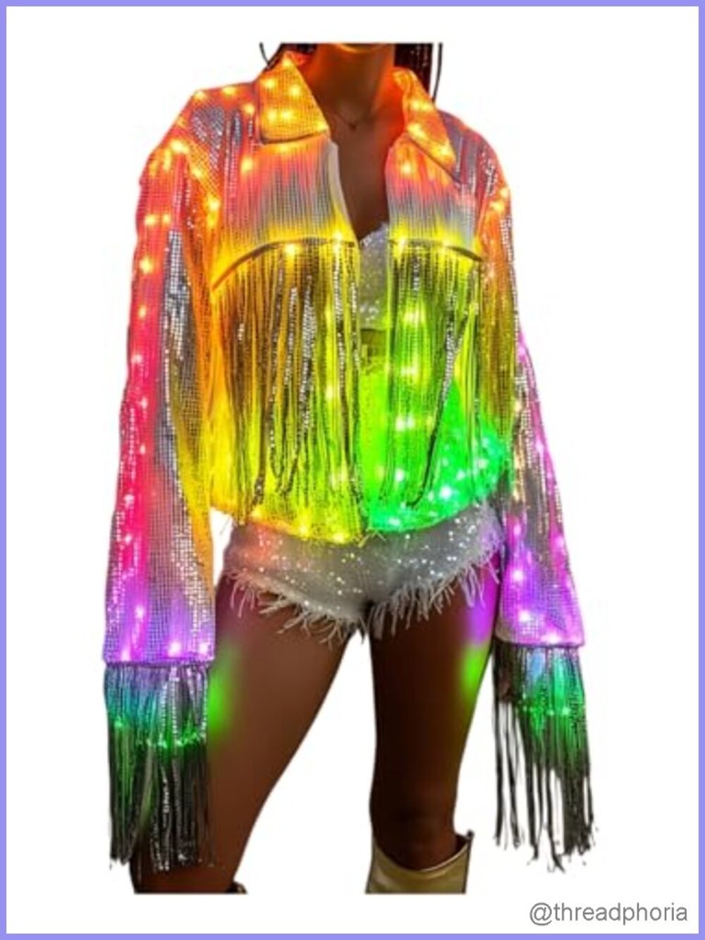 Women's Sequined Fringe LED Light Up Jacket Costume Coat Bluetooth Music Sync